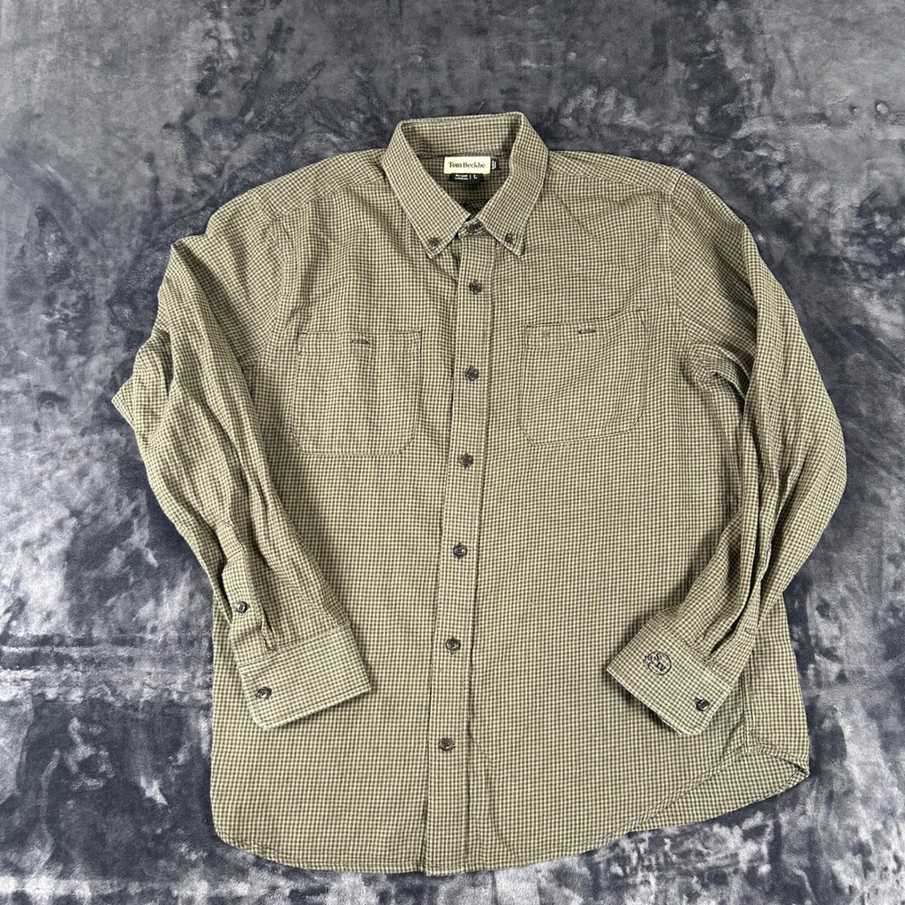 Tom Beckbe Button Down Shirt Mens Large Green Micro Check Cotton Long Sleeve